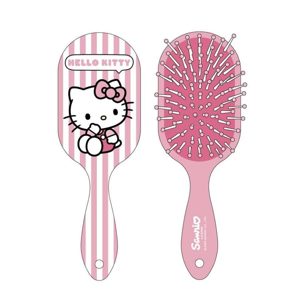 Spazzola per capelli rosa Hello Kitty Sanrio con manico a righe e design kawaii, disponibile su Nerdscape.