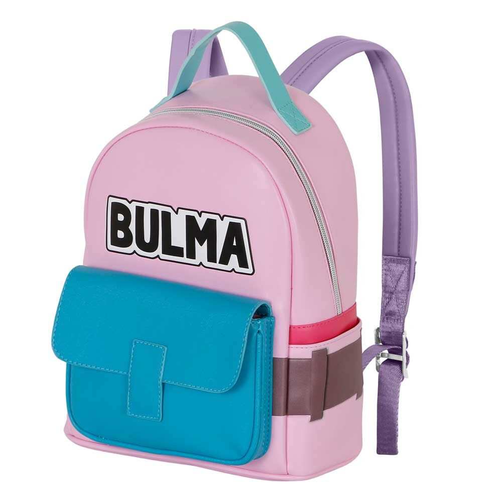 Zaino rosa ispirato a Bulma, con tasca azzurra e dettagli viola, stile Nerdscape.