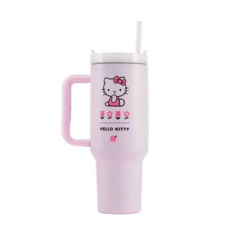 Bicchiere rosa con manico e cannuccia, decorato Hello Kitty, accessorio Nerdscape.