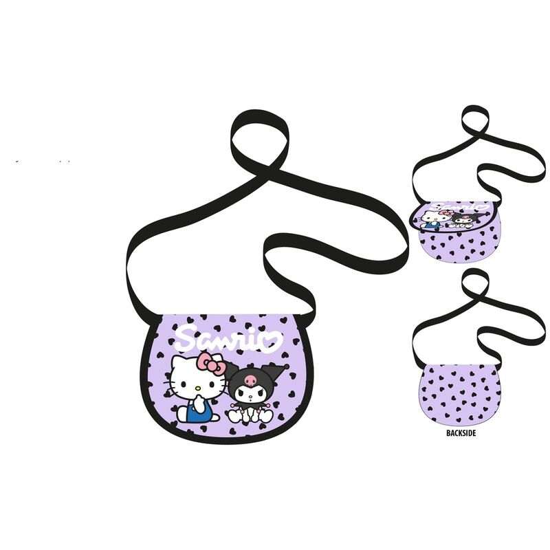 Borsa a tracolla Nerdscape viola con Hello Kitty, Kuromi e cuori neri, stile Sanrio.