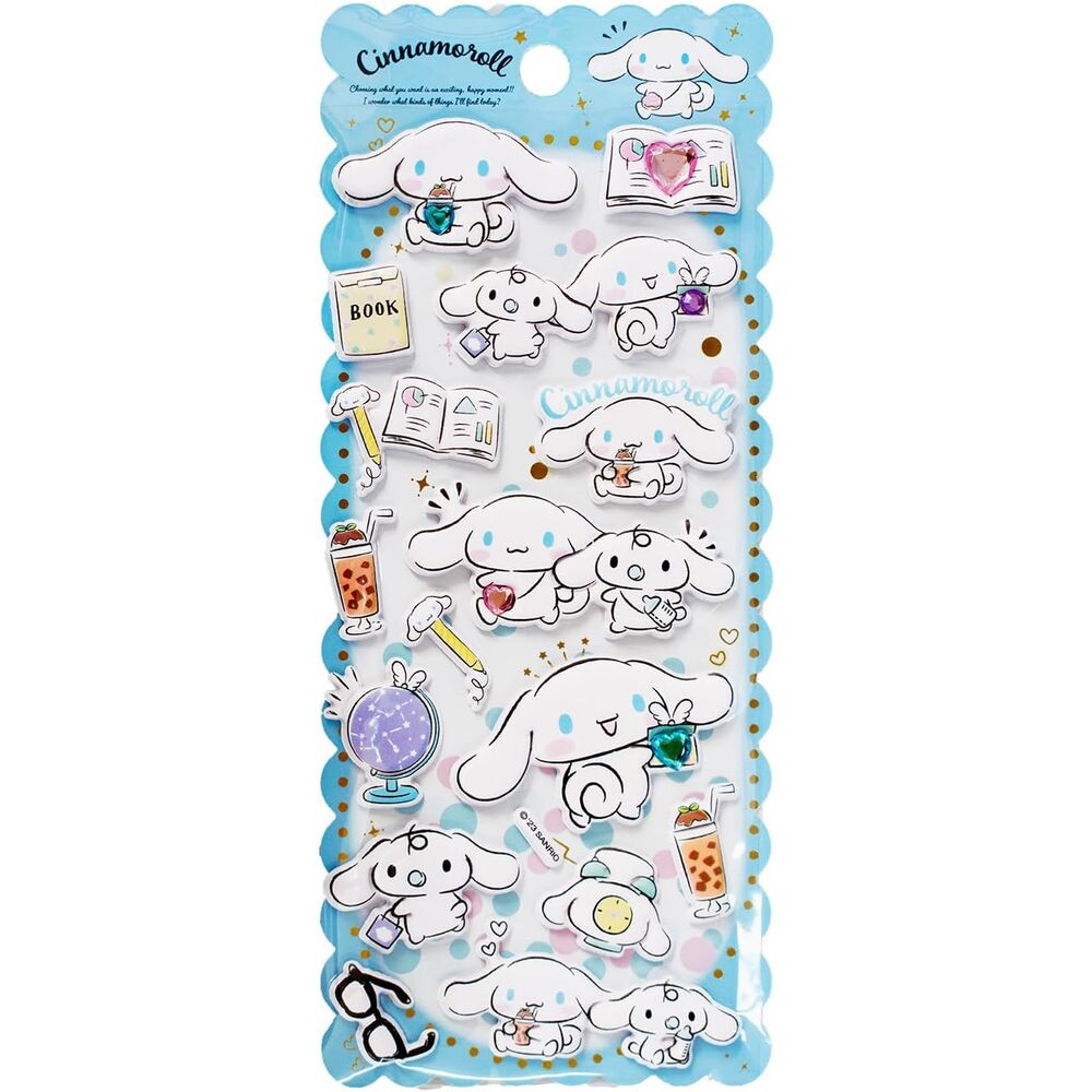 Stickers Cinnamoroll kawaii su sfondo blu, perfetti per fan Nerdscape e collezionisti nerd.