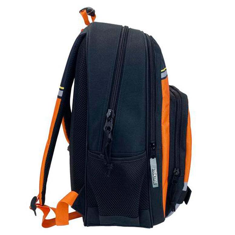 Zaino Nerdscape nero e arancione con tasche laterali e doppia cerniera, vista laterale.