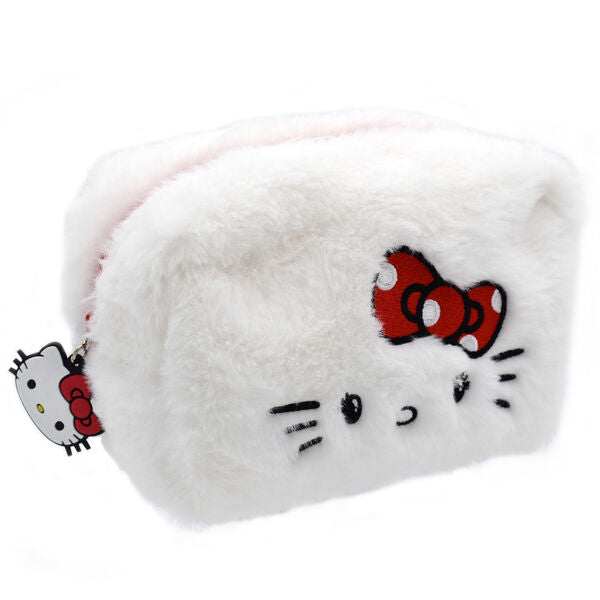 Astuccio bianco peluche Nerdscape con faccia e fiocco rosso, design kawaii.