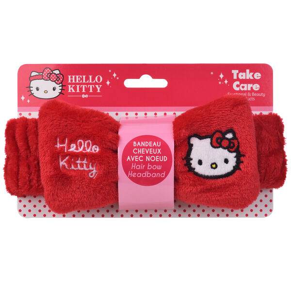 Fascia capelli rossa Hello Kitty con fiocco e logo, accessorio Nerdscape per beauty routine.