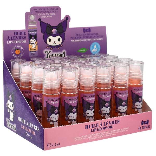 Espositore Nerdscape con oli labbra Kuromi, packaging viola, prodotti lip glow oil.