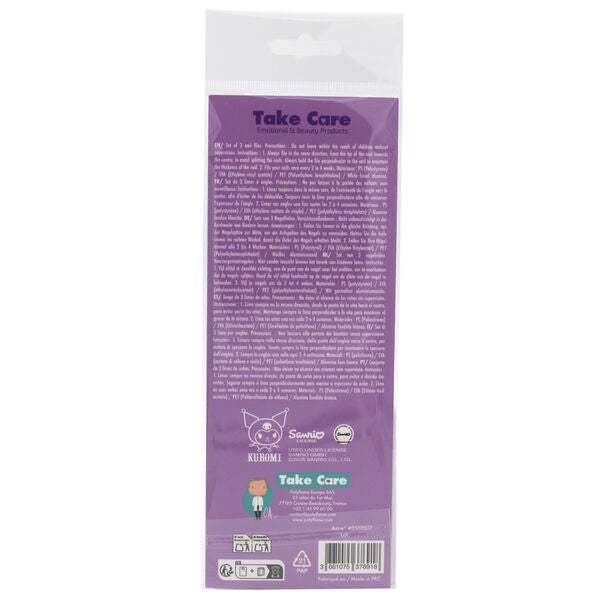 Retro confezione Kuromi Take Care Sanrio viola, dettagli e istruzioni prodotto, su Nerdscape.