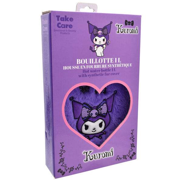 Borraccia termica Kuromi 1L con copertura in pelliccia sintetica viola, confezione viola Nerdscape.