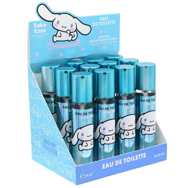 Espositore profumo Cinnamoroll Eau de Toilette, confezioni azzurre, Nerdscape