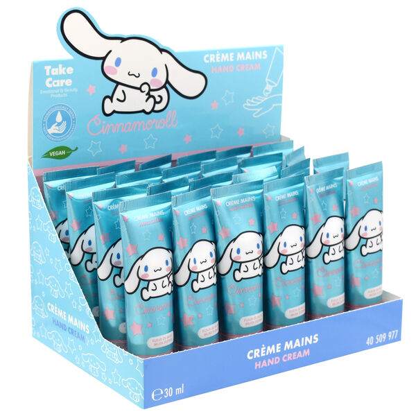 Espositore di creme mani Cinnamoroll azzurre, personaggio kawaii, Nerdscape, 30 ml vegan.