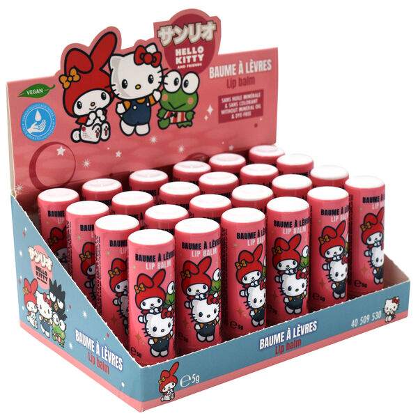 Espositore di balsami labbra Hello Kitty rosa, prodotti Nerdscape, tema kawaii.