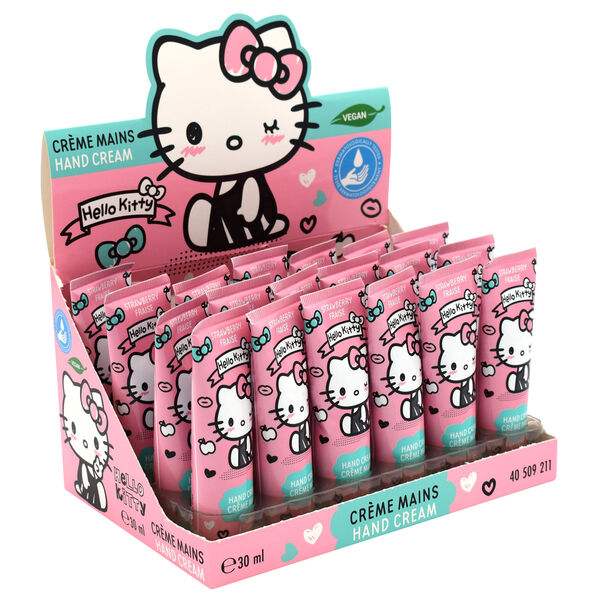 Espositore di creme mani Hello Kitty rosa, confezioni da 30 ml, tema nerd e kawaii