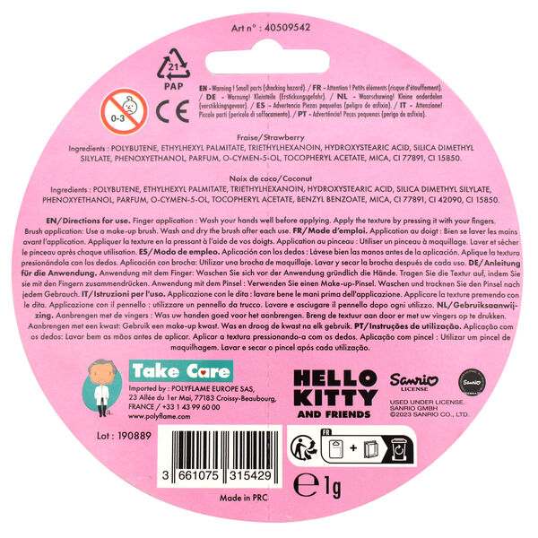 Retro confezione rotonda Hello Kitty rosa con istruzioni, ingredienti e logo NerdScape.