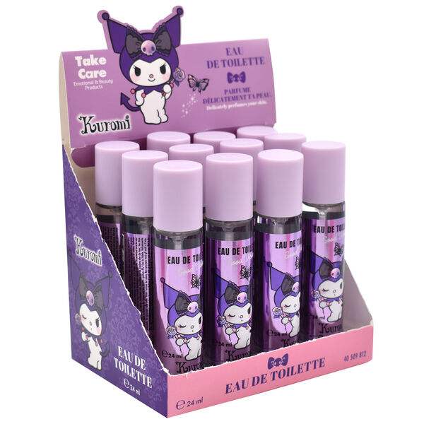 Espositore NerdScape di Eau De Toilette Kuromi, flaconi viola da 24 ml, profumo anime kawaii.