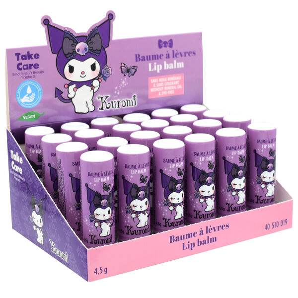 Espositore di balsamo labbra Kuromi viola, prodotti beauty nerd, scatola da 24 pezzi