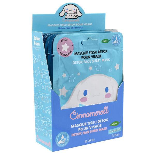 Maschera viso in tessuto Cinnamoroll, confezione azzurra con grafica kawaii, detox vegan Nerdscape