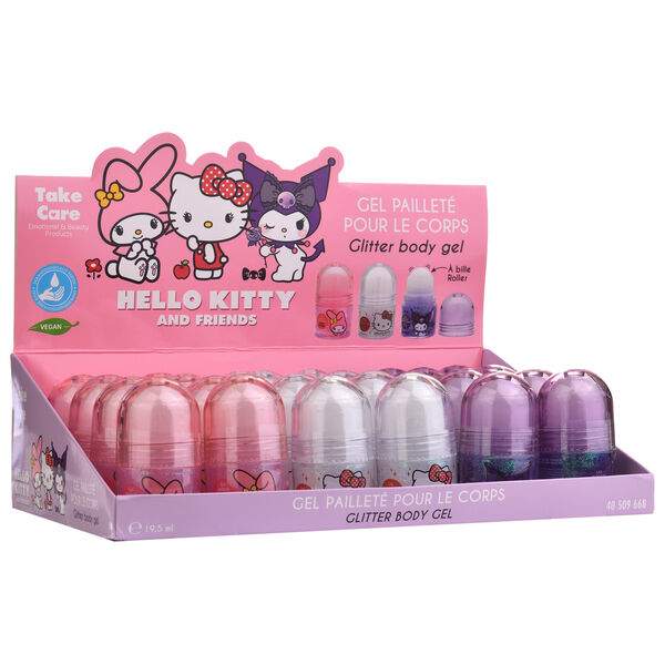 Espositore glitter body gel Hello Kitty and Friends rosa, bianco e viola, tema Nerdscape.