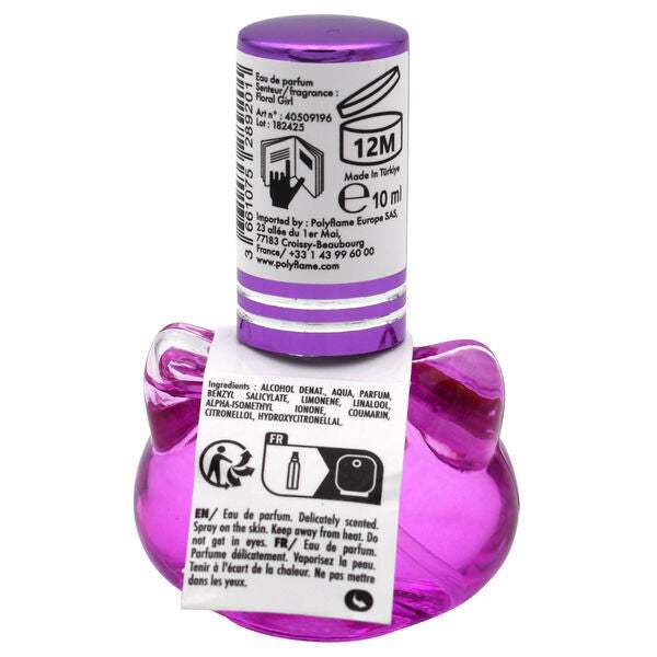 Boccetta di profumo viola a forma di gatto, etichetta informativa visibile, Nerdscape.