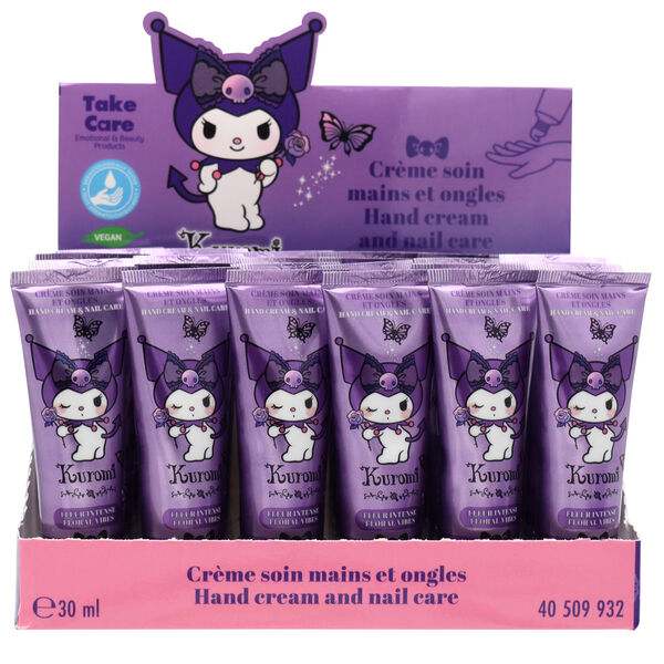 Crema mani e unghie Kuromi confezione espositiva viola, prodotto nerd Nerdscape