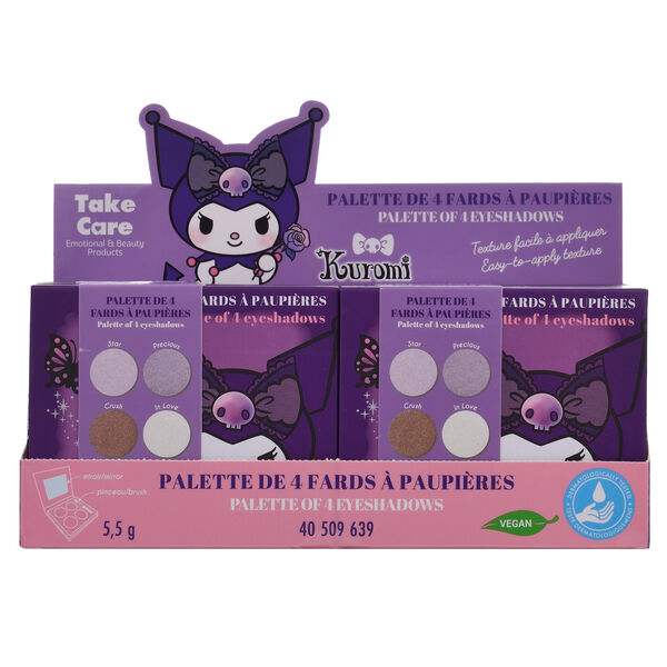 Espositore palette ombretti Kuromi viola, tema nerd beauty, trucco vegan Nerdscape.