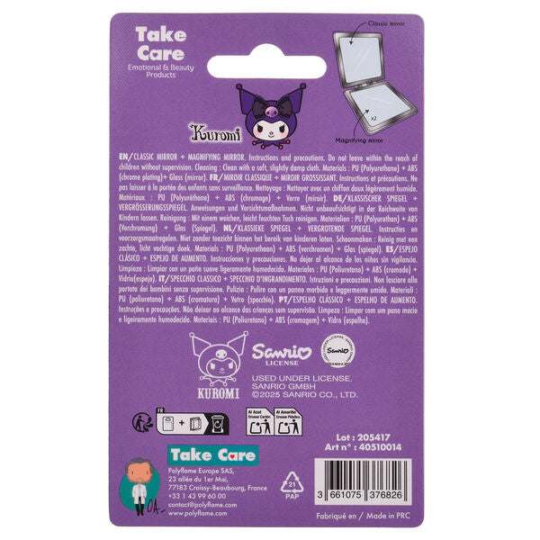 Retro confezione specchio Kuromi Sanrio viola, dettagli prodotto Nerdscape, accessorio beauty.