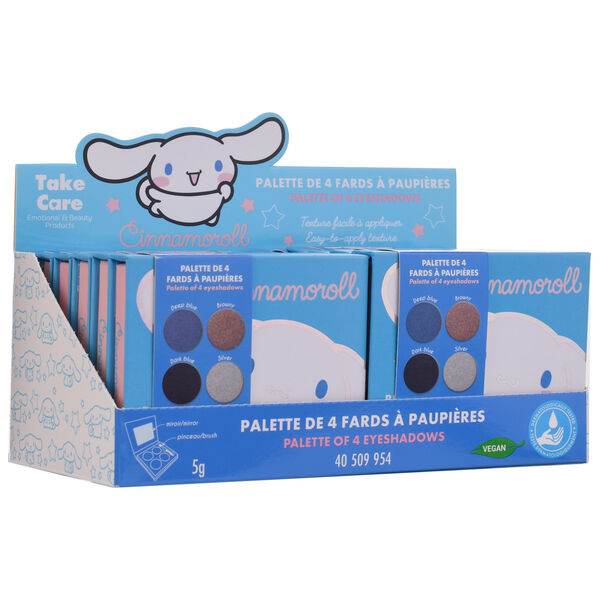Espositore palette ombretti Cinnamoroll blu, prodotto cosmetico vegan Nerdscape.