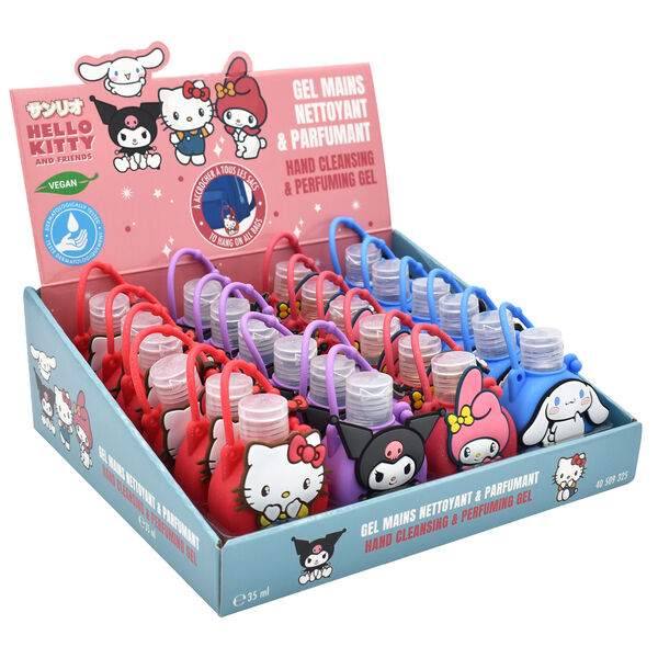 Esposizione di gel igienizzante mani Hello Kitty e amici, confezioni colorate, tema Nerdscape.