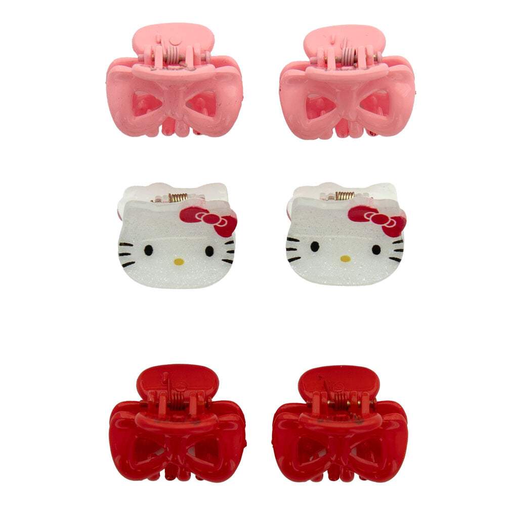 Set di 6 mollette per capelli Nerdscape, con clip rosa, rosse e due Hello Kitty glitterate.
