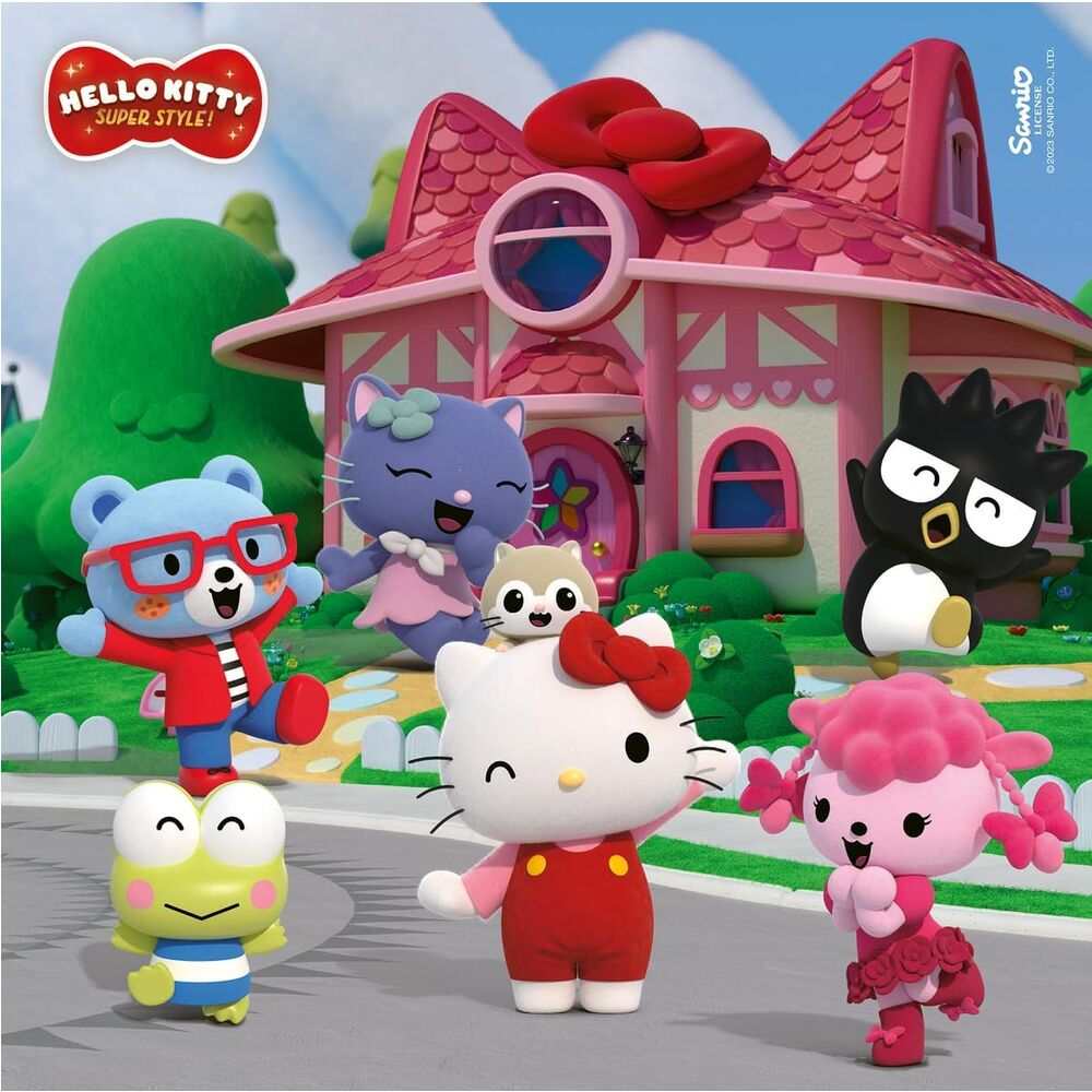 Personaggi Hello Kitty davanti a una casa rosa, stile cartoon, su Nerdscape.
