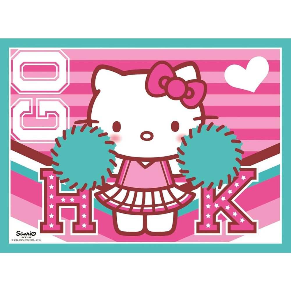 Hello Kitty cheerleader con pon pon, sfondo rosa, design Nerdscape, cuore bianco, stile kawaii