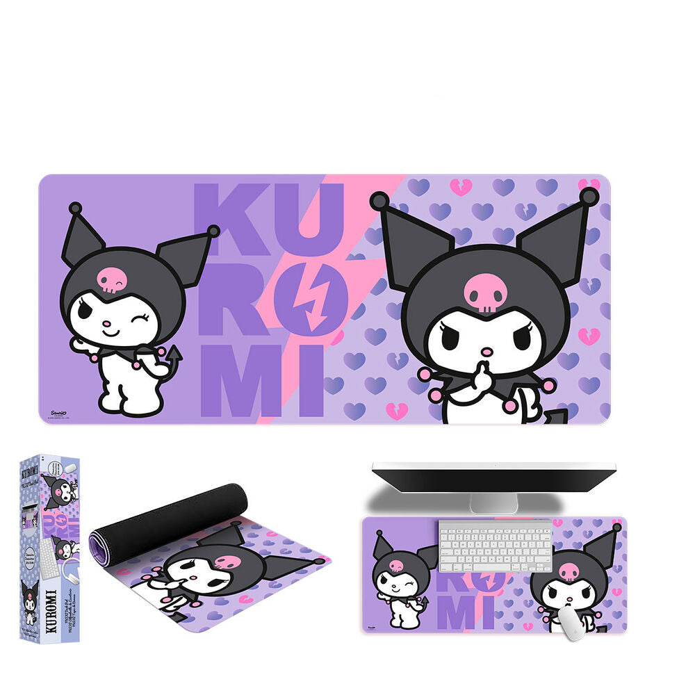 Tappetino mouse Kuromi viola con personaggi Sanrio, cuori e scritta, su Nerdscape