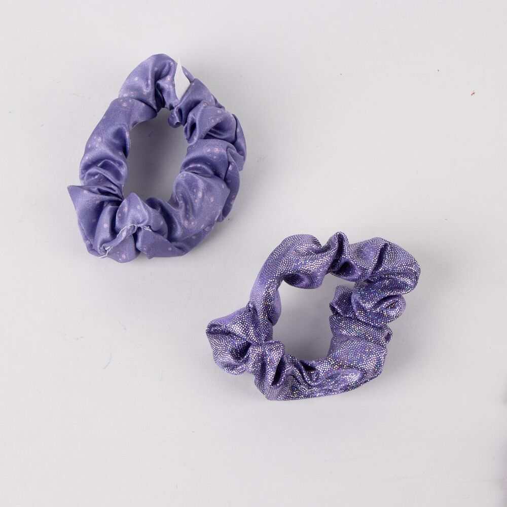 Due elastici scrunchie viola su sfondo chiaro, accessori capelli Nerdscape
