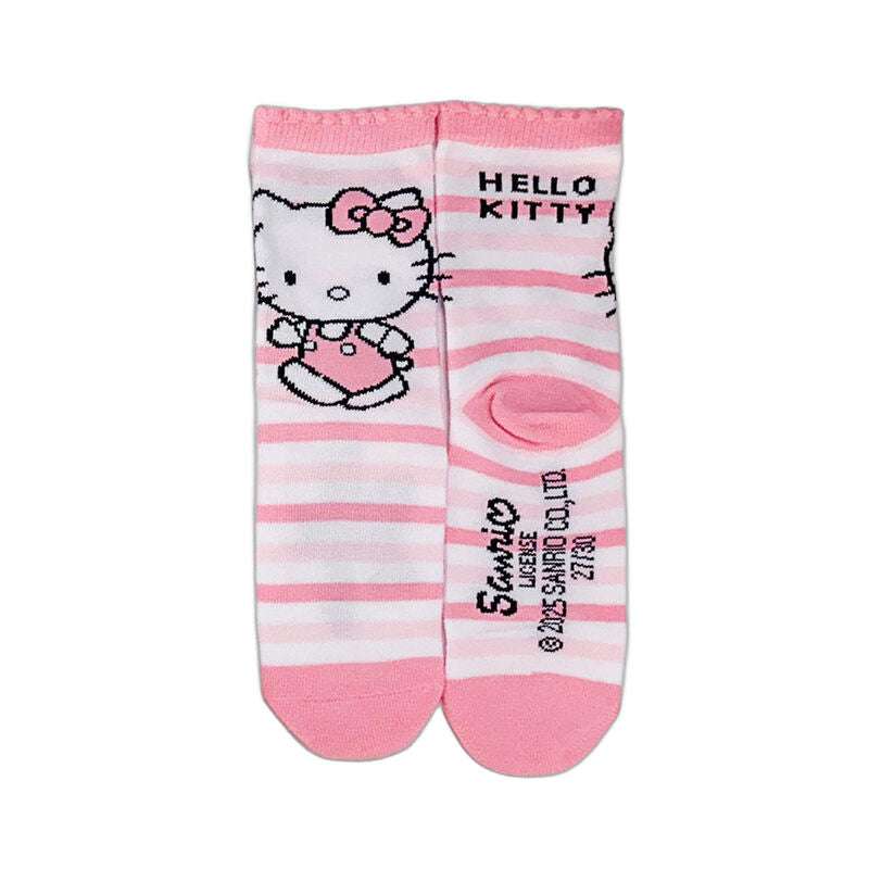 Calzini rosa Hello Kitty a righe bianche, merch Nerdscape, stile kawaii giapponese.