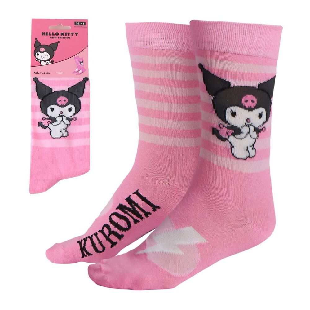 Calzini rosa Kuromi Hello Kitty and Friends con personaggio nero su Nerdscape, taglia 36-43.