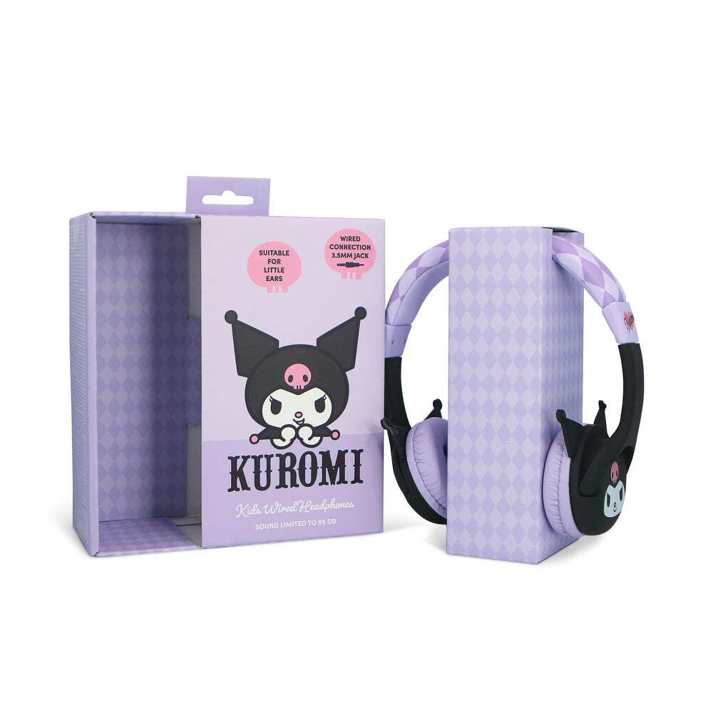 Cuffie cablate per bambini Kuromi viola con confezione Nerdscape, design kawaii.