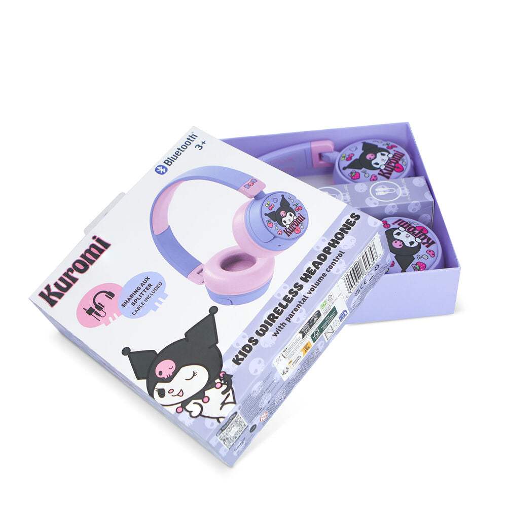 Cuffie wireless per bambini Kuromi viola e rosa, confezione con personaggio kawaii, Nerdscape.