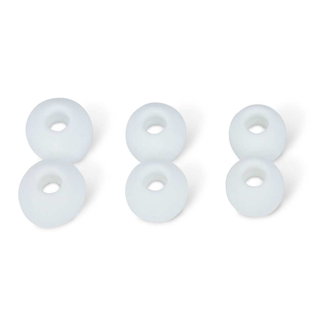 Set di sei gommini bianchi per auricolari su fondo bianco, accessori Nerdscape