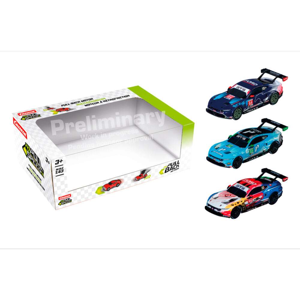 Ford Mustang GT3 pack of 3 pull-back toy cars with plastic chassis in single vehicle packaging, scale 1:43.