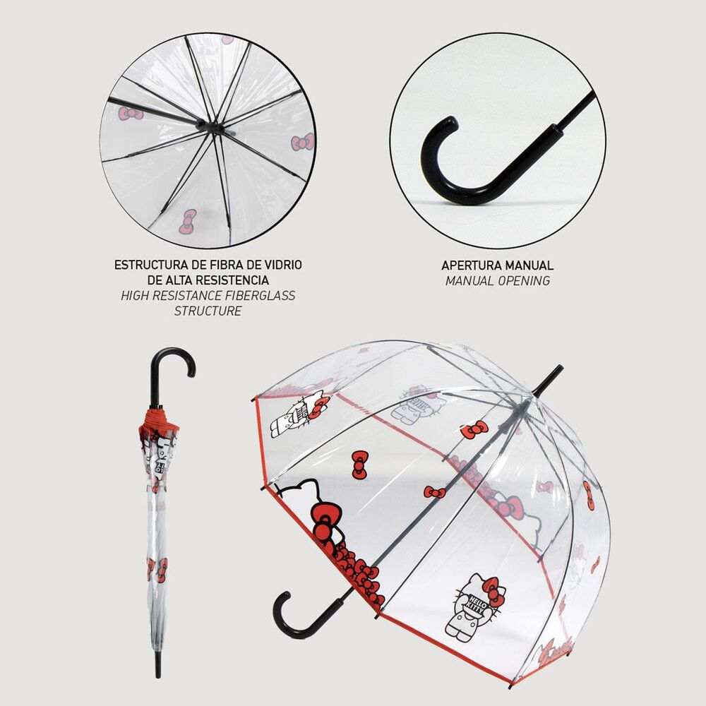 Ombrello trasparente Nerdscape con struttura in fibra di vetro, disegni Hello Kitty, manico nero