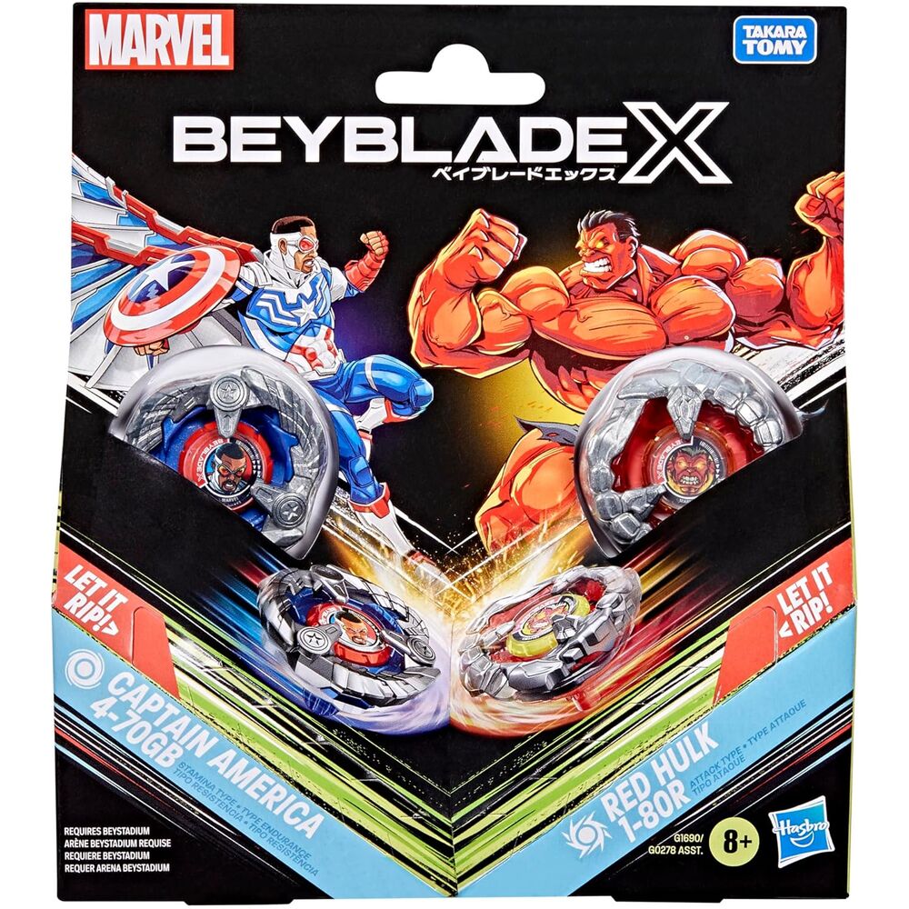 Jeu de toupies Beyblade X Captain America 4-70GB et Red Hulk 1-80R