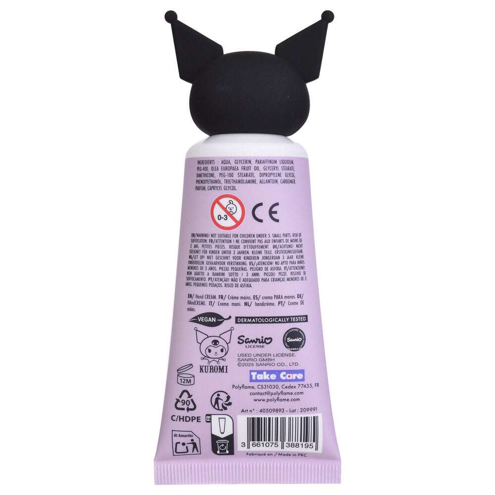 Crema mani Kuromi Sanrio viola con tappo a orecchie nere, vegan, Nerdscape.