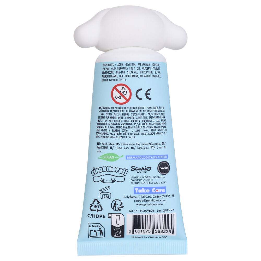 Crema mani Cinnamoroll Sanrio, confezione azzurra con dettagli vegan e dermatologicamente testata, Nerdscape.