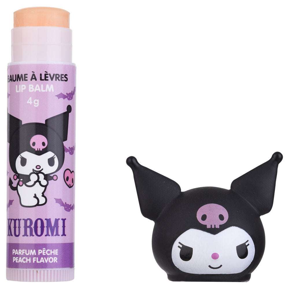 Balsamo labbra Kuromi profumo pesca, confezione kawaii, merchandising Nerdscape.