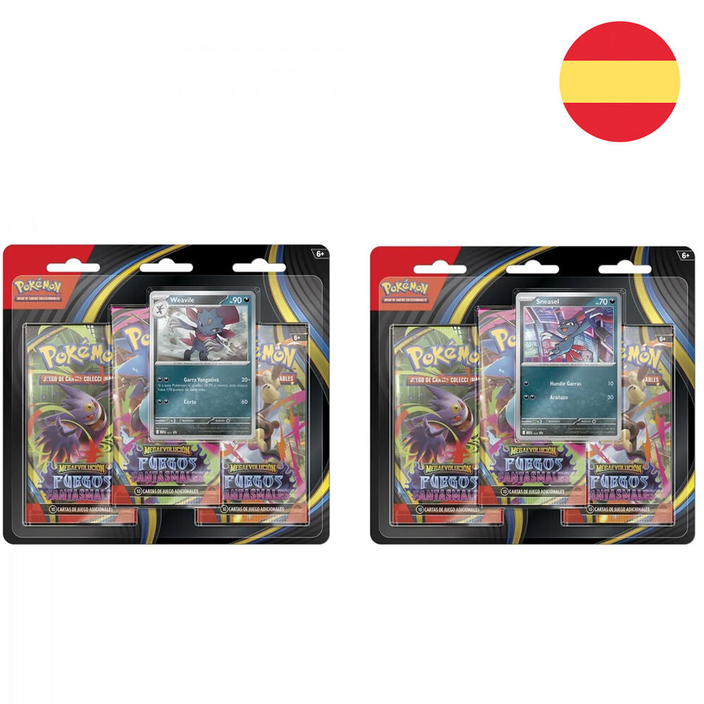 Pack espagnol Pokémon Flammes Fantasmagoriques contenant 3 boosters de cartes à collectionner assorties
