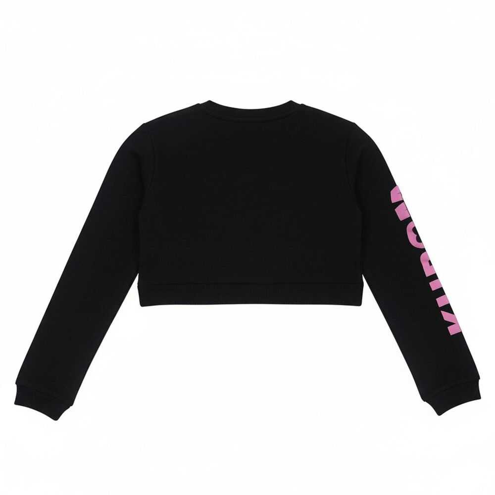Felpa crop nera manica lunga con scritta rosa Kuro su manica, moda Nerdscape.